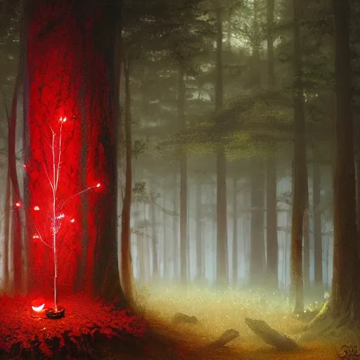 Prompt: A highly detailed oil painting of a blood red, crystal flower glowing bright red in the middle of a dark forest, by Greg Rutkowski.