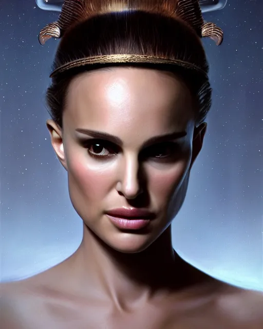 Prompt: Natalie Portman, wearing alien antennae headband, very detailed portrait, ultrarealistic, dramatic lighting, electrical details, high details, 4k, 8k, best, accurate, trending on artstation, fur, artstation, photorealism, ultrarealistic, digital painting, style of Dali, Caravaggio, Boris Vallejo