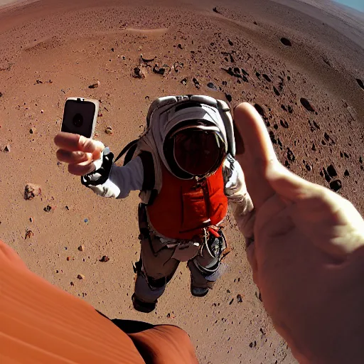 Prompt: selfie on the highest mountain on mars, high definition photograph, taken in 2060, realistic, hyperrealistic, very realistic, highly detailed, very detailed, extremely detailed, detailed