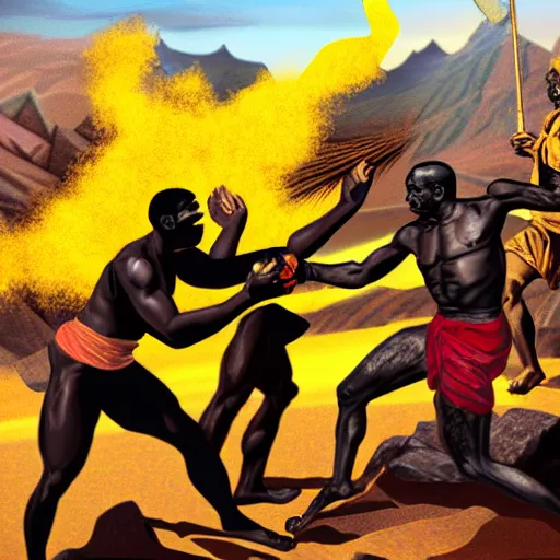 Image similar to black person with golden mace in hands fighting lenin in mountains, photorealistic