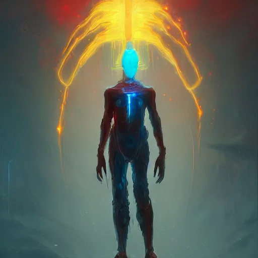 Prompt: medium shot of a ghostly transparent yellow lightning elemental humanoid with red and blue goggles, cyberpunk concept art by pete mohrbacher and seb mckinnon and beksinski and josan gonzales, digital art, highly detailed, intricate, sci-fi, sharp focus, Trending on Artstation HQ, deviantart, unreal engine 5, 4K UHD image
