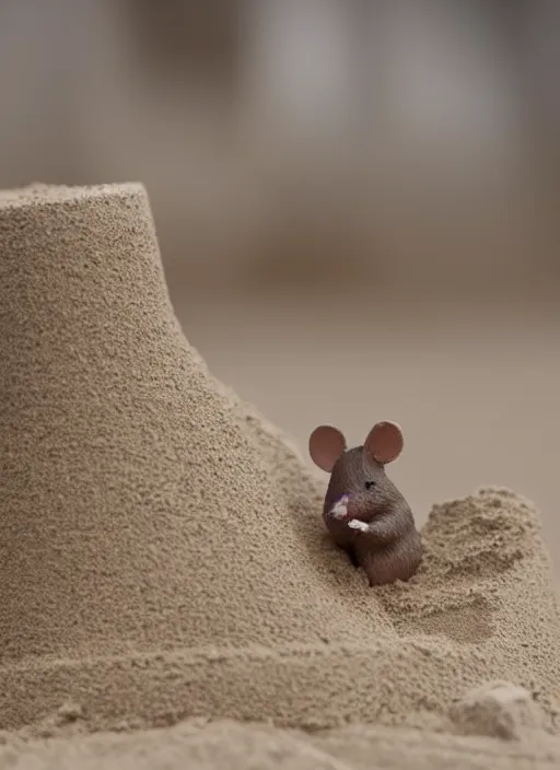 Image similar to wide dslr photo still of a mouse inside a perfect sandcastle, 8 k, 8 5 mm f 1. 4