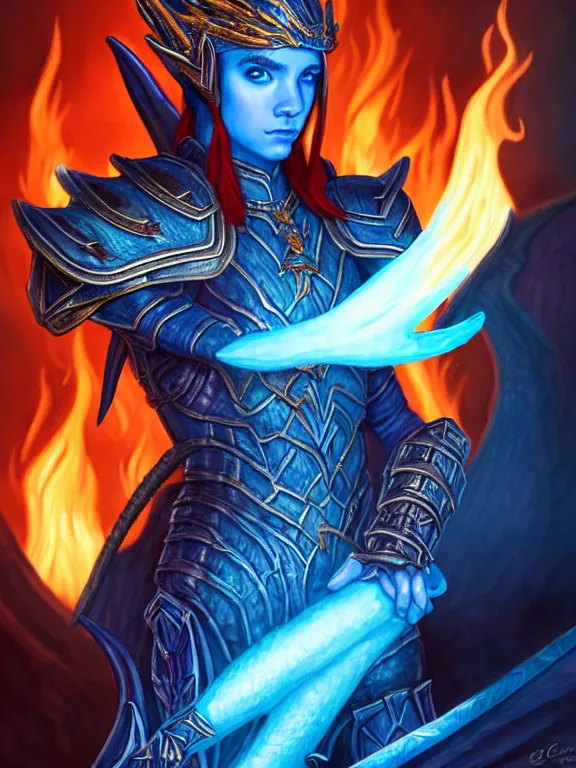 Prompt: full body portrait of a dnd dragon hunter inside a detailed volcano, female blue elf, strong, symmetric wings, dragon inspired blue armor, red hair, helmet, pretty, fire, high fantasy, detailed face, highly detailed, sharp focus, smooth, digital illustration, by clyde caldwell