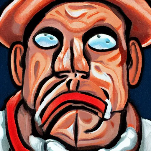 Prompt: low angle of the butcher's face, closeup of a butcher working, artwork by craig bullins