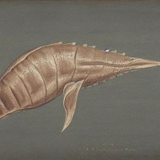 Prompt: tully monster proboscis fossil, realistic, painting, oil paint, sepia tone, scientific illustration, 1 9 th century
