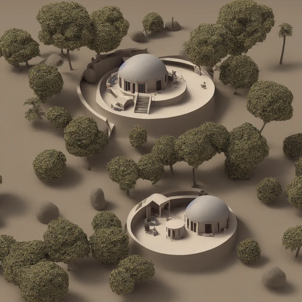 Prompt: architectural model, isometric view, 3 d render, studio lighting, low contrast, dark background, highly detailed, a circular house with circular courtyards floating on rocks on a desert, tree branches