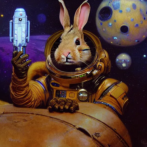 Image similar to portrait of a bunny rabbit rodent wearing a space suit. shadowrun furaffiniy cyberpunk fantasy highly detailed painting by gaston bussiere craig mullins jc leyendecker gustav klimt artgerm greg rutkowski john berkey, bergey, craig mullins, ruan jia, raymond swanland, jeremy mann, tom lovell, alex malveda