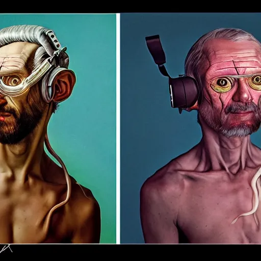 Image similar to Colour Caravaggio and Leonardo da Vinci style full body portrait Photography of Highly detailed Man with 1000 years old perfect face wearing highly detailed retrofuturistic VR headset designed by Josan Gonzalez. Many details In style of Josan Gonzalez and Mike Winkelmann and andgreg rutkowski and alphonse muchaand and Caspar David Friedrich and Stephen Hickman and James Gurney and Hiromasa Ogura. Rendered in Blender and Octane Render volumetric natural light