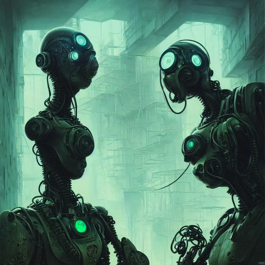 Image similar to low angle shot of a cyberpunk robot character wearing a gazmask in chernobyl, green eyes, intricate, elegant, highly detailed, centered, digital painting, artstation, concept art, smooth, sharp focus, illustration, artgerm, Tomasz Alen Kopera, Peter Mohrbacher, donato giancola, Joseph Christian Leyendecker, WLOP, Boris Vallejo