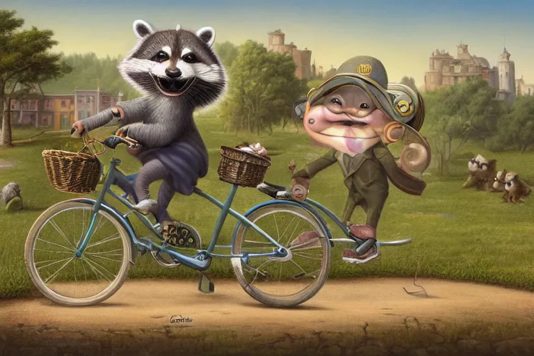 Prompt: highly detailed matte painting of a happy raccoon riding a bicycle by mark ryden, lowbrow, 8 k resolution.