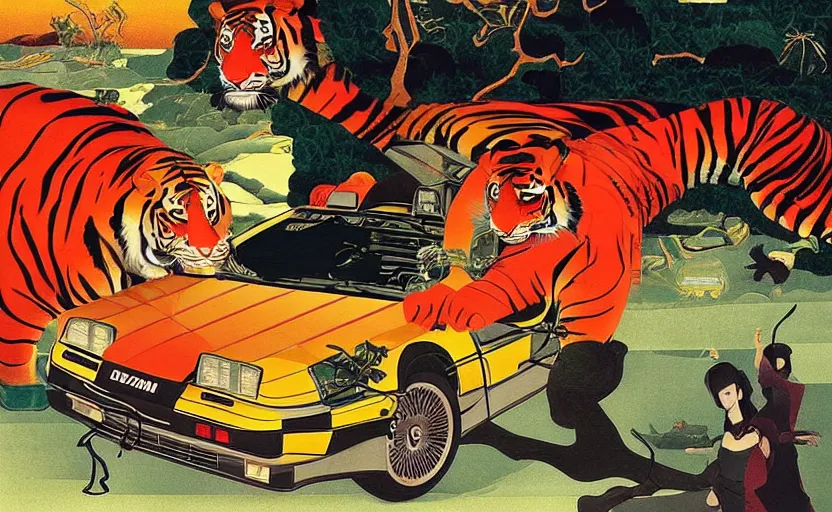 Image similar to a red delorean and a yellow tiger, painting by hsiao - ron cheng, utagawa kunisada & salvador dali, magazine collage style,