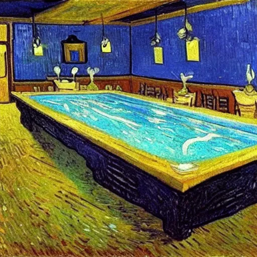 Image similar to painting by van gogh, swimming pool