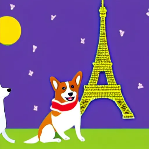 Image similar to illustration of french boy playing football with a corgi wearing a polkadot scarf in front of the eiffel tower