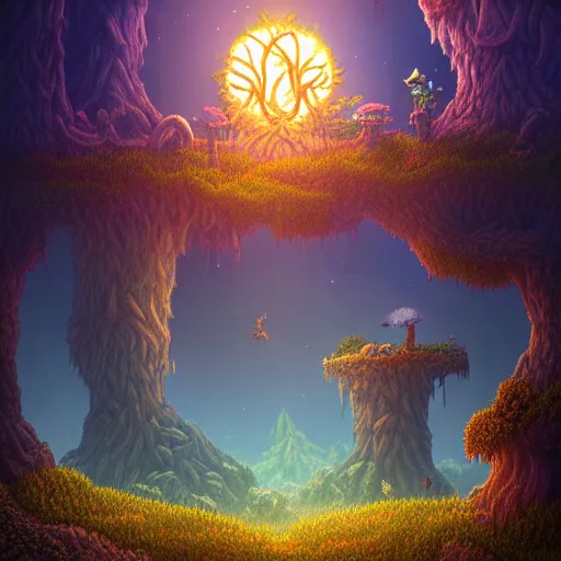 Image similar to portrait of Terraria World, Dramatic Scenes, Terraria game, atmospheric lighting, painted, intricate, golden hour, ultra detailed by Leesha Hannigan, Ross Tran, Thierry Doizon, Kai Carpenter,Ignacio Fernández Ríos