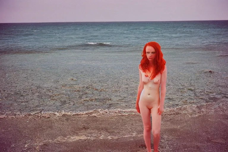 Image similar to 35mm color lomography, beautiful ideal sensual tender redhead woman, on the lonely beach