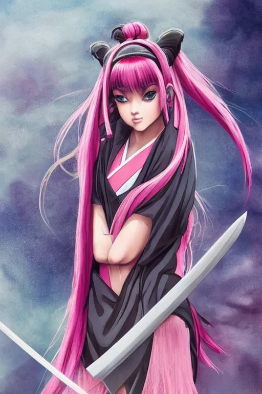 Image similar to highly detailed beautiful photo of madison beer as a young female samurai, practising sword stances, symmetrical face, beautiful eyes, pink hair, realistic anime art style, 8 k, award winning photo, pastels colours, action photography, 1 / 1 2 5 shutter speed, sunrise lighting