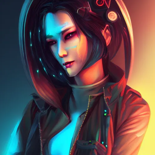 Image similar to a beautiful portrait of a cyberpunk rogue by kim hyun joo, neon ambience, trending on artstation