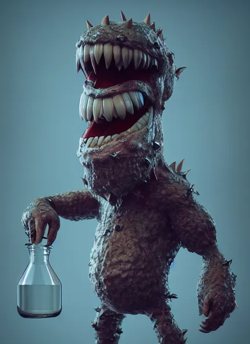 Prompt: anthropomorphic monster, instead of a face a flower with 4 petals many small sharp teeth inside flask, realistic, intricate, cinematic lighting, concept art, octane render, cnn