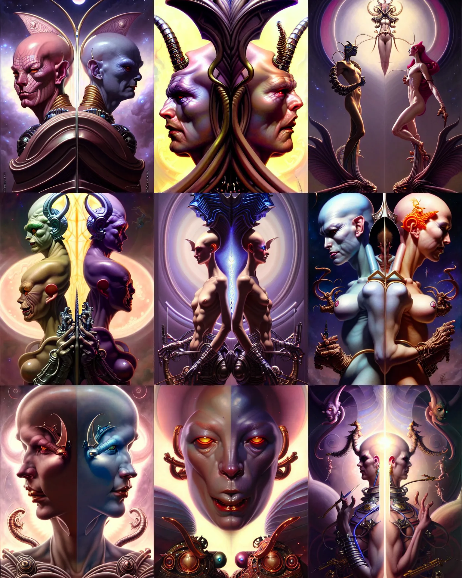 Image similar to beautiful gemini good and evil fantasy character portrait, ultra realistic, wide angle, intricate details, the fifth element artifacts, highly detailed by peter mohrbacher, hajime sorayama, wayne barlowe, boris vallejo, aaron horkey, gaston bussiere, craig mullins