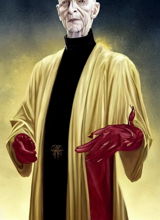 Prompt: a bald pale ninety year old sorcerer. stately and dour. eyeliner accentuates his sunken eyes. a high black turtleneck. opulent white golden red robe. white leather gloves with gold decoration, sharp focus, a downcast shadow, his hands crossed in front of his displeased face, illustration, digital painting, art by magali villeneuve