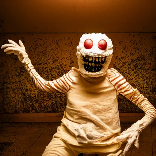 Prompt: a popcorn monster, award winning horror photography