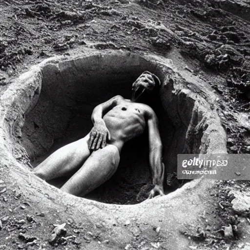 Prompt: a person laying in a huge hole. their body twisted unnaturally. ap photograph 1 9 7 5