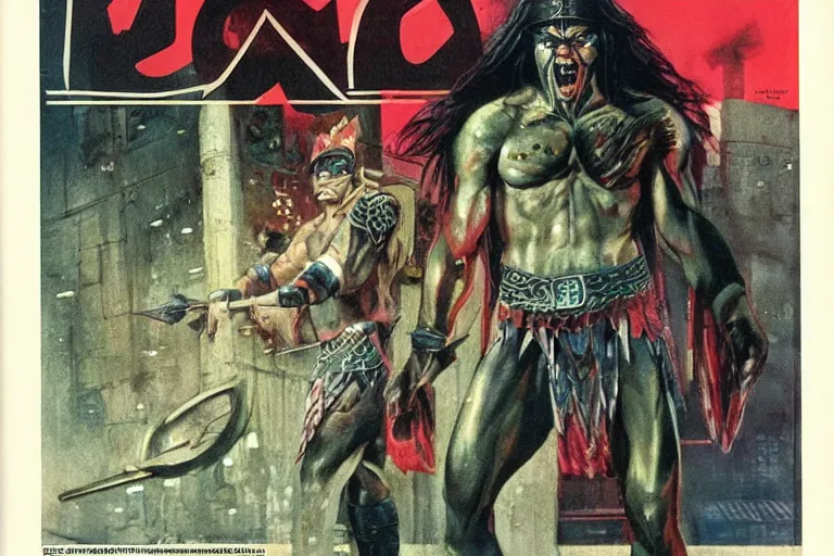 Image similar to 1979 OMNI Magazine Cover of Conan the barbarian as an orc At a Subway station in Neo-Tokyo in cyberpunk style by Vincent Di Fate