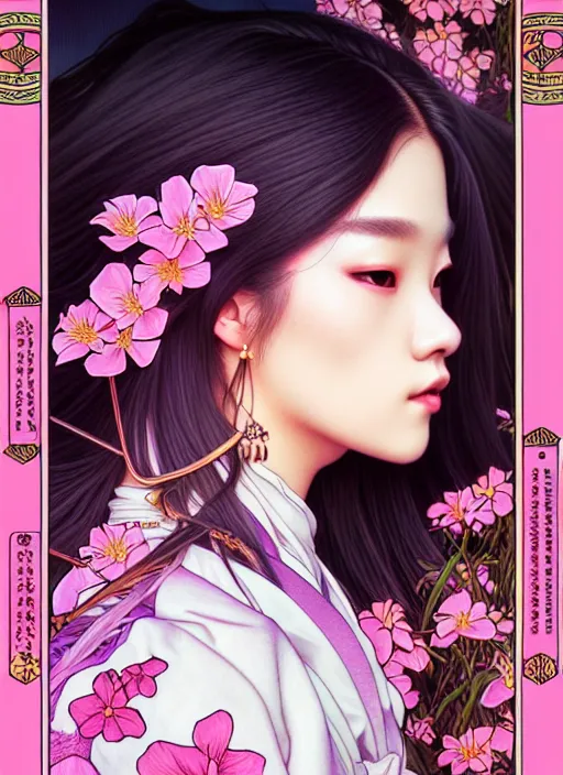 Image similar to jossi of blackpink, yukata, tarot card, highly detailed, digital painting, smooth, sharp focus, illustration, ultra realistic, 8 k, art by artgerm and alphonse mucha