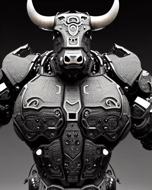 Prompt: a full body shot of an imposing cyborg bull modeled after a bull looking into the camera, contrast lighting, black skin!!!, intricate pattern, hard rubber chest, highly detailed, android, cyborg, full body shot, intricate, 3 d, symmetrical, octane render, fantasy, highly detailed, digital art, artstation, strong bokeh, black face, leering