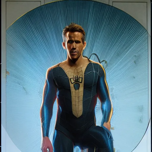 Image similar to ryan reynolds as a black and blue suit spider - man, cinematic, volumetric lighting, f 8 aperture, cinematic eastman 5 3 8 4 film, photorealistic by greg rutkowski, by stanley artgerm, by alphonse mucha