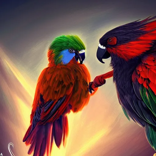 Image similar to Myiopsitta monachus parrot fights against medieval knight. Magic, orange lighting, flux. High fantasy, digital painting, HD, 4k, detailed.