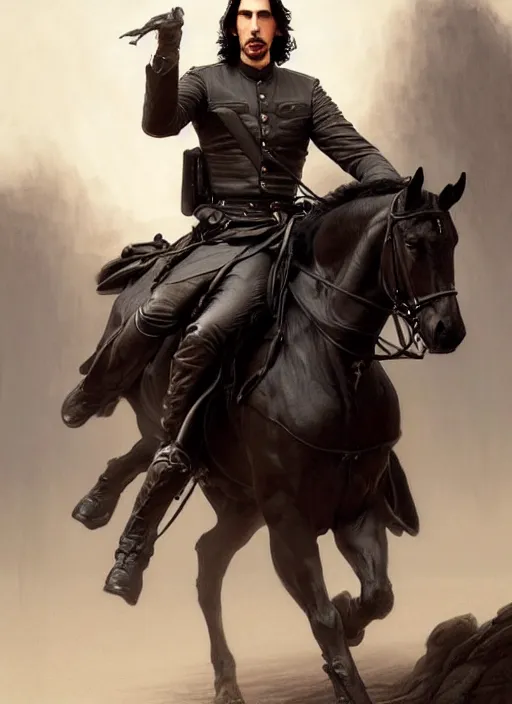 Image similar to painting of adam driver riding on horses with john oliver, stoic, full body, military uniform, fantasy, intricate, elegant, beautiful, highly detailed, charcoal, centered, dark, smokey, digital painting, artstation, concept art, smooth, sharp focus, illustration, art by artgerm and greg rutkowski and alphonse mucha