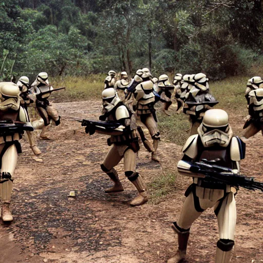 Image similar to star wars clone troopers combat soldiers in vietnam, photo, old picture, lush landscape, jungle, firearms, explosions, helicopters, aerial combat, active battle zone, flamethrower, air support, jedi, land mines, gunfire, violent, star destroyers, star wars lasers, sci - fi, jetpacks, agent orange, bomber planes, smoke, trench warfare