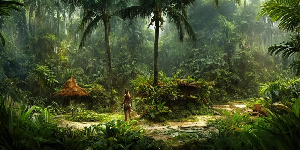 Prompt: tropical jungle, wall wood fortress, Hyperrealistic CGI, Photorealistic, plants environment, wide angle, establishing shot, cinematic lighting, atmospheric, realistic, octane render, highly detailed, color graded, matte painting in the style of craig mullins