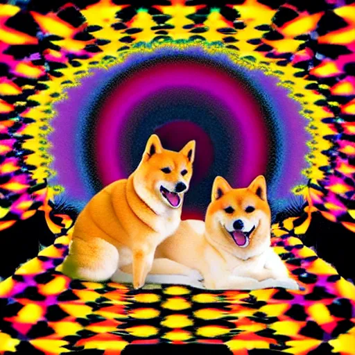 Image similar to two shiba inu in the psychedelic baroque dmt fourth dimensional tunnel