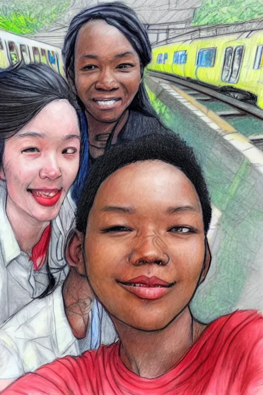 Image similar to last selfie before train accident, realistic, sketch and art by jacqueline e, mongezi ncaphayi, color by bo feng lin