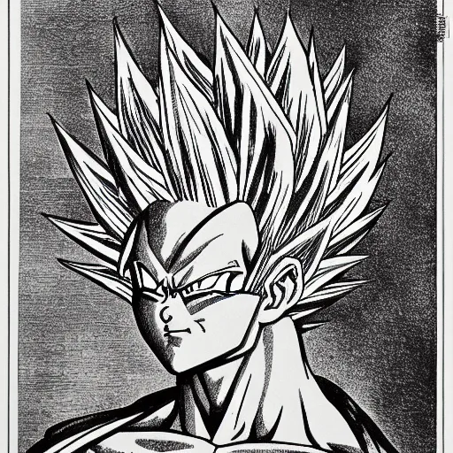 Prompt: illustration of super saiyan vegeta, etching by louis le breton, 1 8 6 9, 1 2 0 0 dpi scan