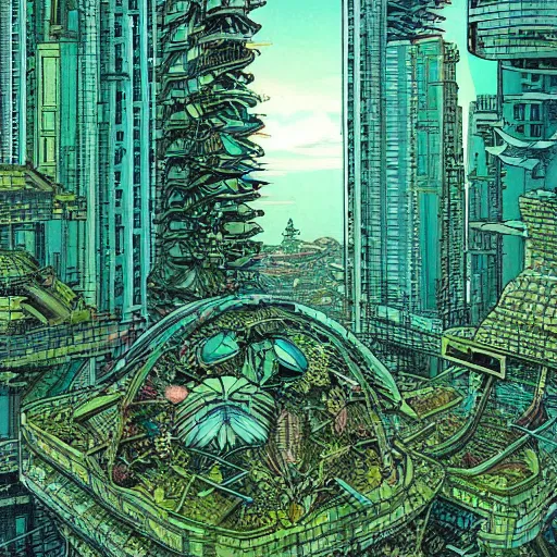 Image similar to beautiful solarpunk city, built from the shell of a crashed spaceship, verdant and lush, art by moebius, illustration