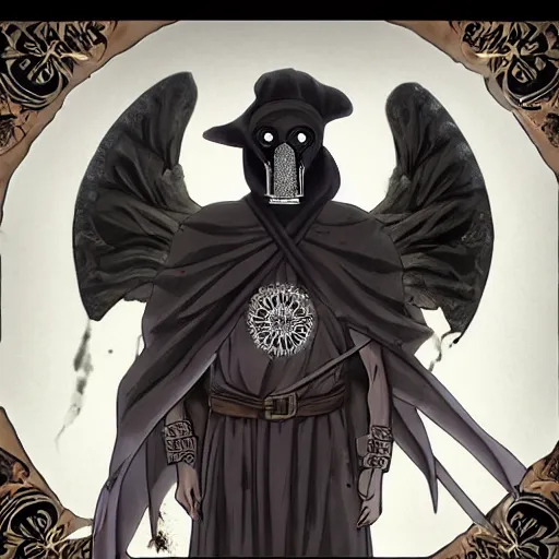 Image similar to 4K headshot portrait of godlike Plague Doctor of Nazareth with defined arms and open hands and bloody clothes with giant mandala wings , intricate face , flawless anime cel animation by Kentaro Miura, psychedelic , highly detailed upper body , professionally post-processed , beautiful, scary, symmetry accurate features, epic, octane rendered, anime masterpiece, accurate by Craig Mullins, ilya kuvshinov, krenz cushart, epic , artgerm trending on artstation by Edward Hopper and Dan Mumford and WLOP and Rutkovsky, beksinski carl spitzweg moebius and tuomas kocar, intricate artwork by caravaggio, Unreal Engine 5, Lumen, Nanite