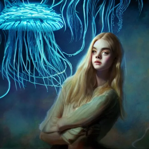 Prompt: ultra realistic portrait painting of elle fanning in prey surrounded by bioluminescent jellyfish, art by frank frazetta, 4 k, ultra realistic, highly detailed, epic lighting