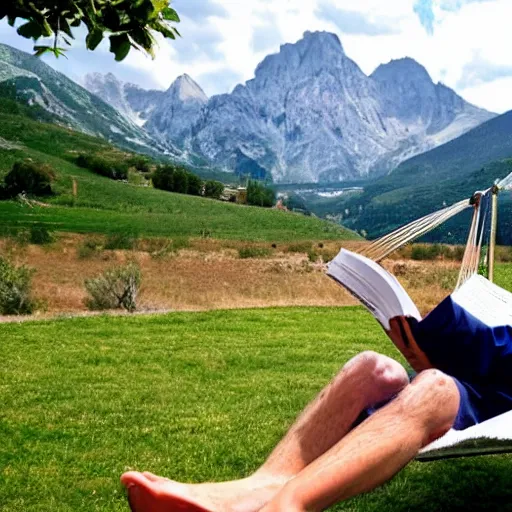 Image similar to my older italian wise friend on a hammock, reading new book, gravity is strong, he is very relaxed, mountains in a background