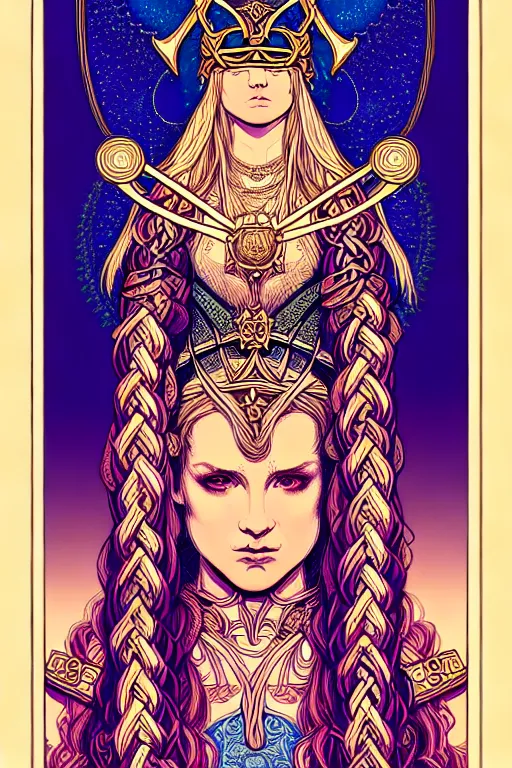 Prompt: beautiful and subtle fractal tarot card featuring an ornate, realistic, and regal image of a beautiful attractive viking queen with braided blonde hair and a helmet by Dan Mumford, by Jim Fitzpatrick, by joe wilson, featured on deviant art, trending on artstation