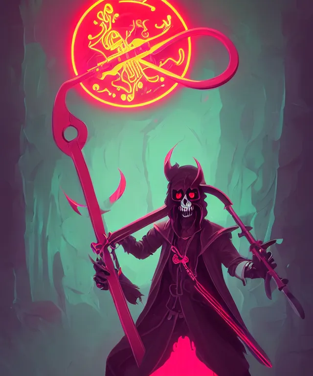 Image similar to a portrait of a neon grimm reaper holding a single scythe, fantasy, elegant, digital painting, artstation, concept art, matte, sharp focus, illustration, art by josan gonzalez