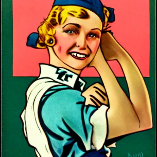 Image similar to a 1 9 2 0 s ultra - realistic color portrait. happy, healthy, beautiful, smiling, young, sporty, blonde, blue - eyed symmetric rosie the riveter in decent athletic wear. hyper - realistic detailed drawing