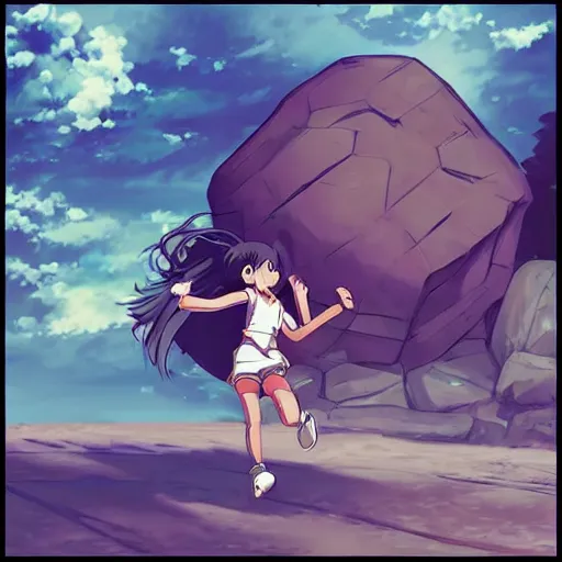 Image similar to “Indians jones as an anime girl running away from a rolling giant stone boulder trap, anime art”