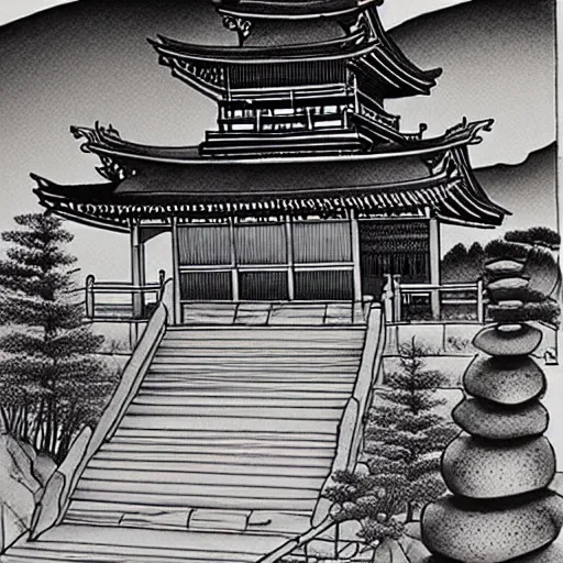 Image similar to zen temple on the mountain, ink