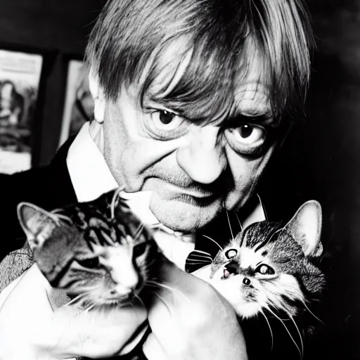 Prompt: mark e smith holding up a cat by the tail, sniffing the cat