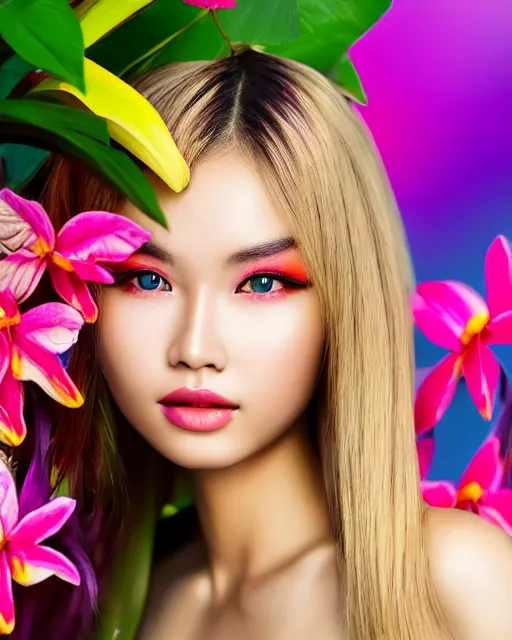 Prompt: an stunning beautiful eastern girl is surrounded by colourful tropical flowers and plants, symmetric face and eyes, upper body face shot, long straight blonde hair, visible face 5 0 mm f 2. 2 by wu daozi