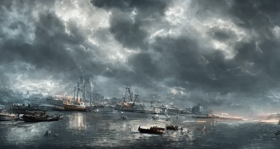 Image similar to The sky above the port was the colour of television, tuned to a dead channel, dramatic lighting, cinematic, establishing shot, extremely high detail, photo realistic, cinematic lighting, post processed, concept art, matte painting