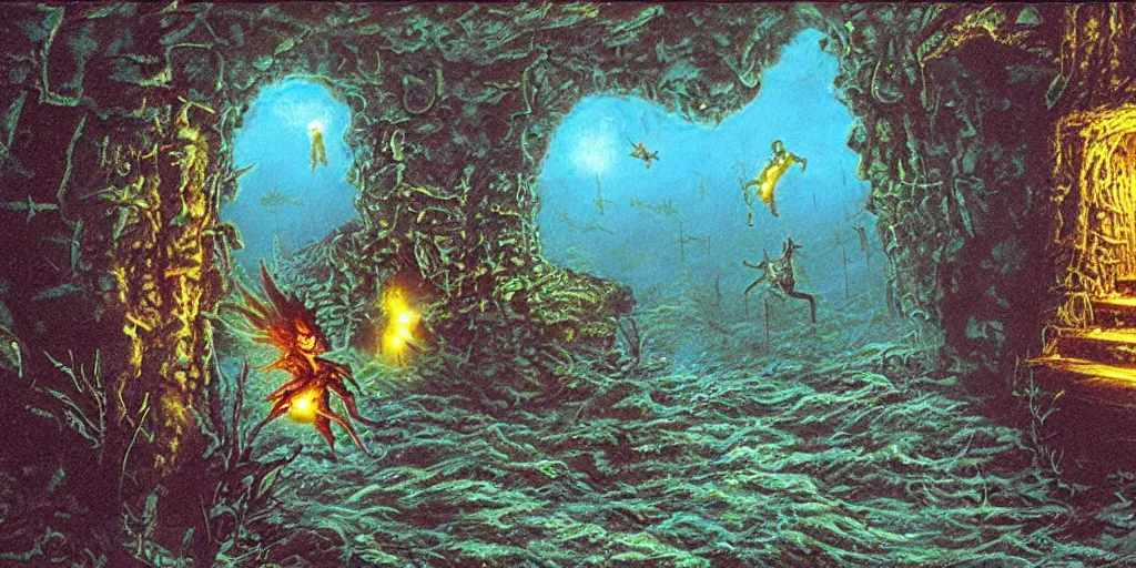 Image similar to detailed artwork by tim white of the repelling of invaders by making a deal with the devil and finding a secret underwater entrance.